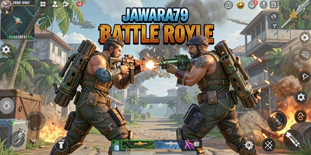 Screenshot JAWARA79 menampilkan aksi seru di medan pertempuran Battle Royale.