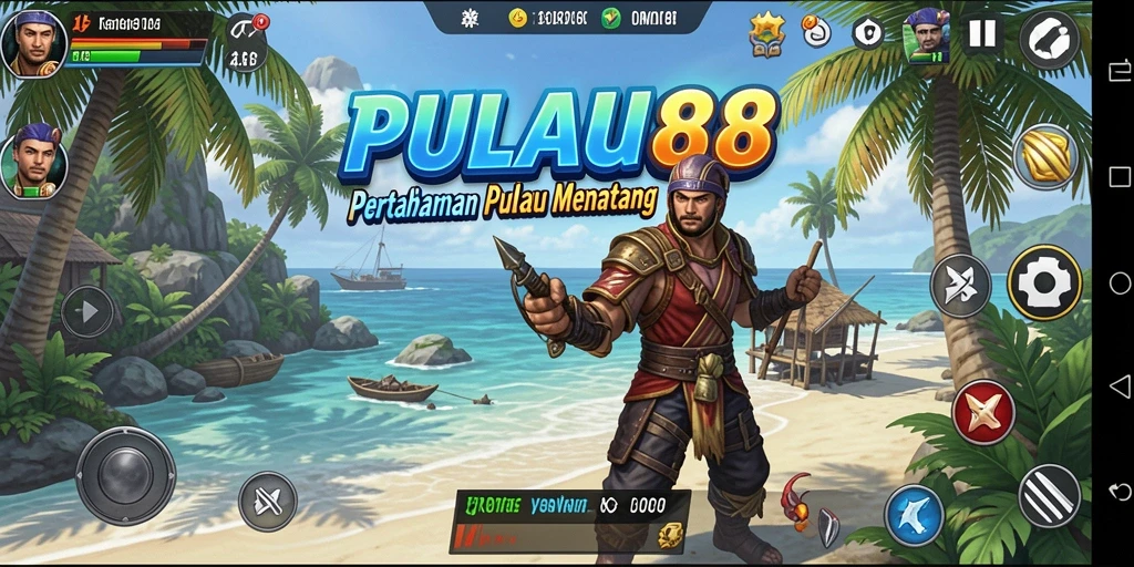 Screenshot menunjukkan gameplay mempertahankan pulau yang seru.